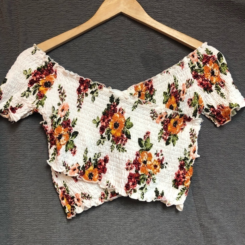 Polly Astor Large crisscross bodice off the shoulder smocked elastic , short top